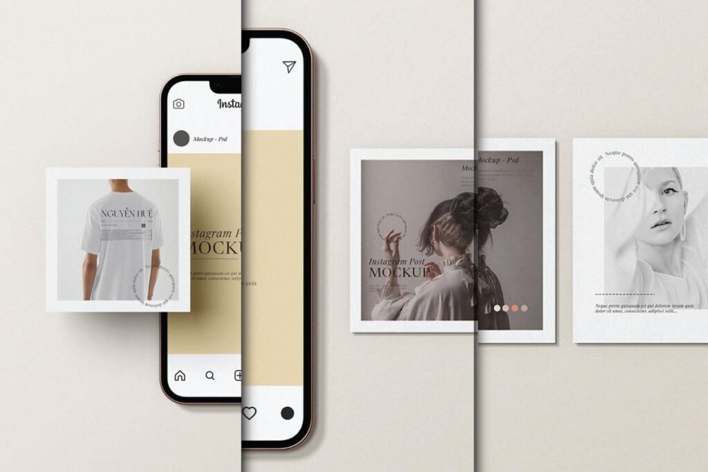 Instagram Post Mockup with a smartphone and three physical photo prints, showcasing different visual content against a light background.