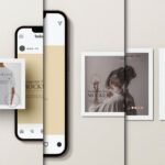 Instagram Post Mockup with a smartphone and three physical photo prints, showcasing different visual content against a light background.