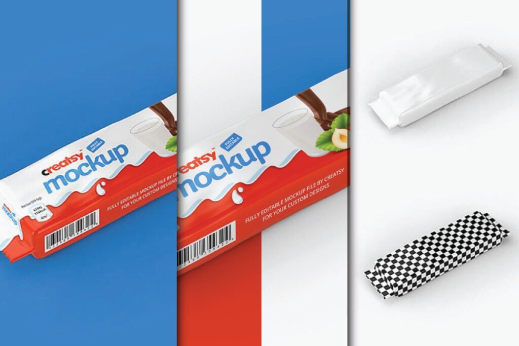 A Biscuit Packet Mockup featuring two product packages with "Creatsy Mockup" branding, one partially shown on a blue background, another on a red and white background, and two plain white, unwrapped biscuit packets on the right.