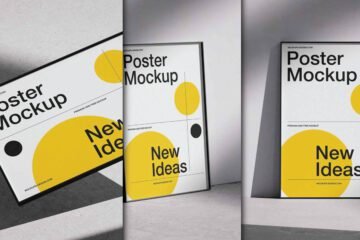A set of three variations of a Poster Frame Mockup, each displaying a white poster with bold black text.