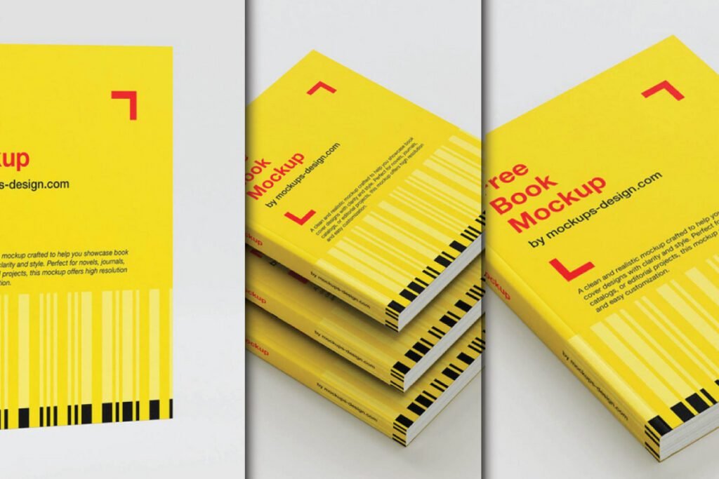 A multi-view Story Book Mockup featuring books with bright yellow covers. Each cover displays "Book Mockup" text, a red L-shaped graphic, and a barcode design along the bottom, presented against a light grey background with varying angles.