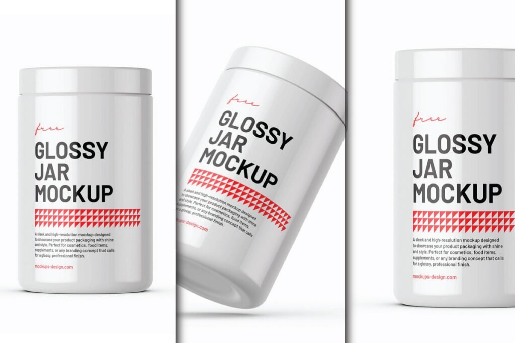 The image provides multiple views of a clean, white Glossy Cosmetic Jar Mockup, suitable for various product presentations.
