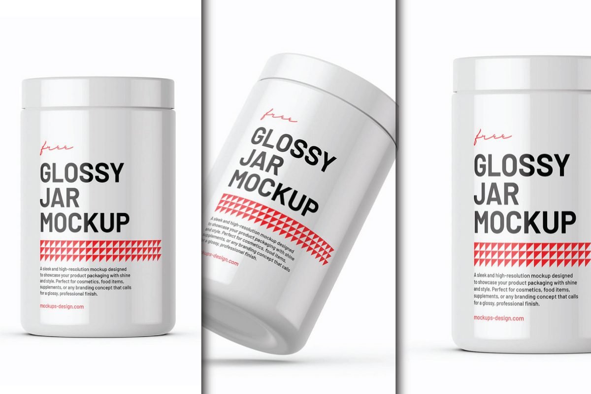 The image provides multiple views of a clean, white Glossy Cosmetic Jar Mockup, suitable for various product presentations.