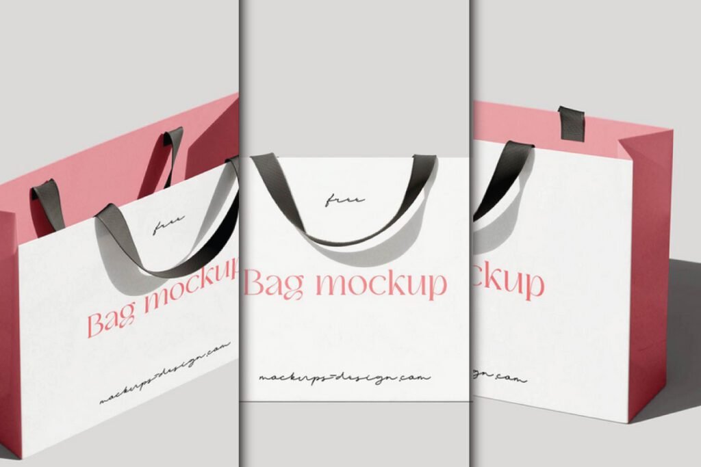 Three views of an Elegant Shopping Bag Mockup.