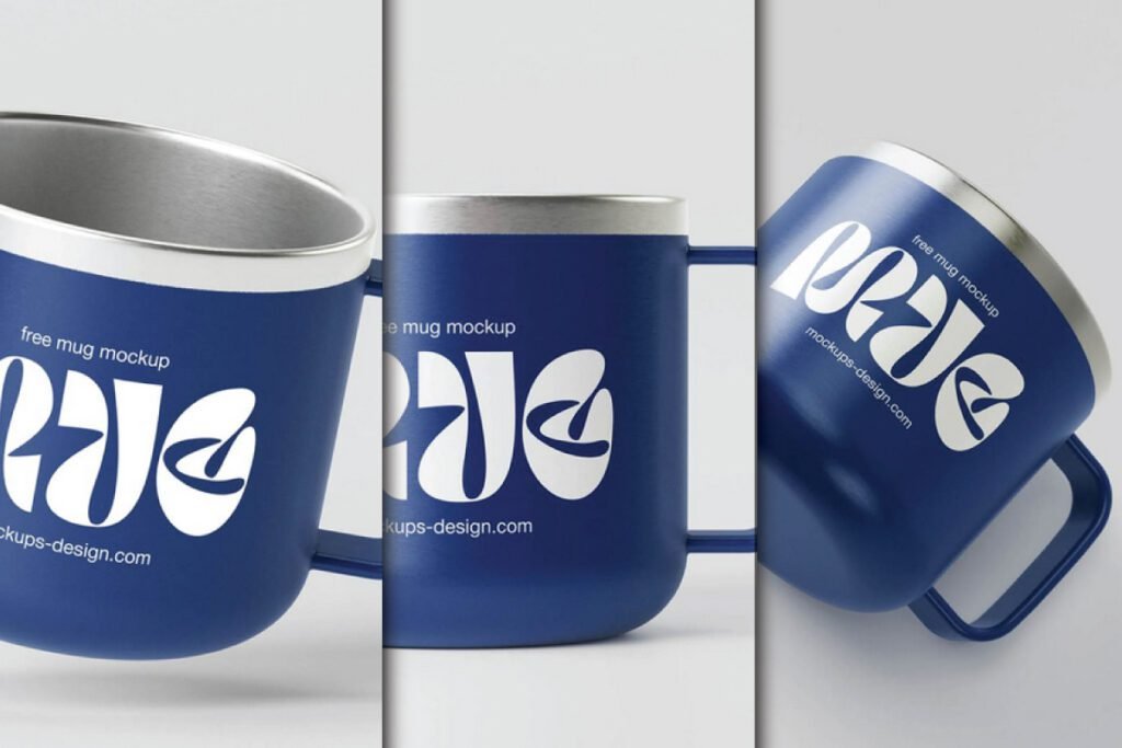 Three different angles of a dark blue Metal Mug Mockup with a silver rim and handle.