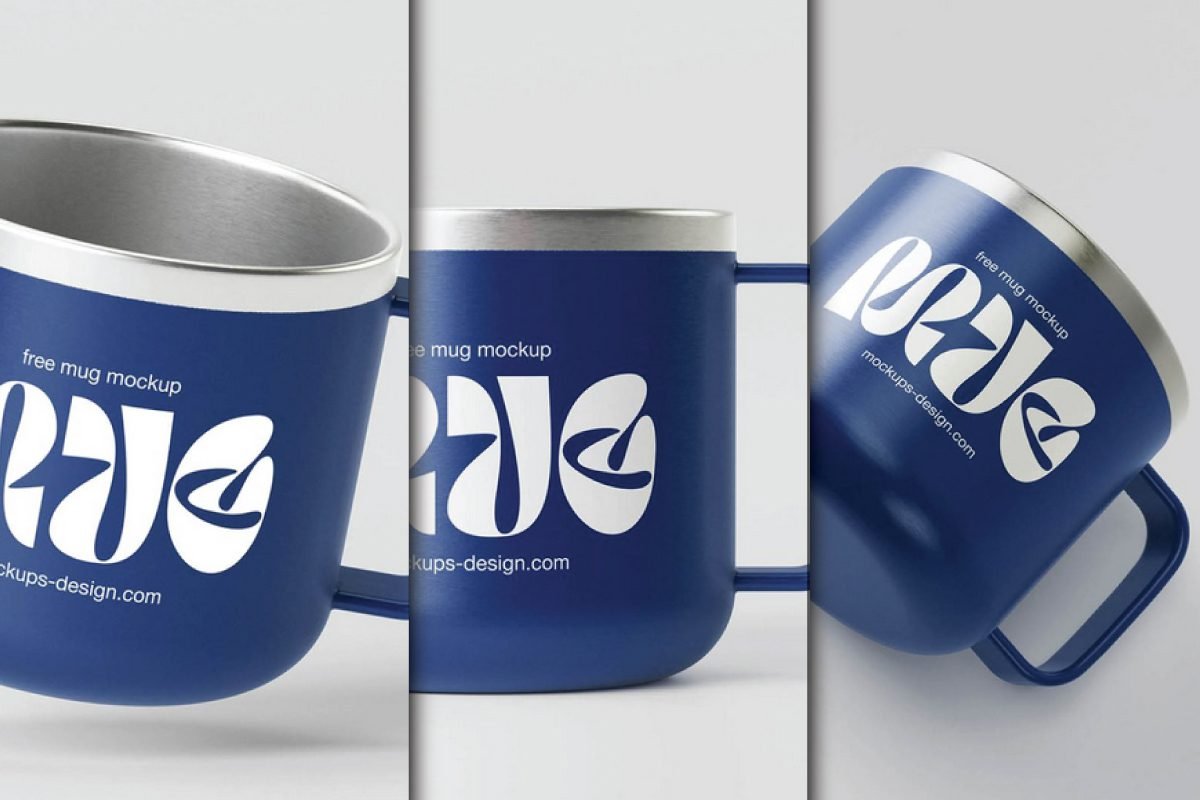 Three different angles of a dark blue Metal Mug Mockup with a silver rim and handle.