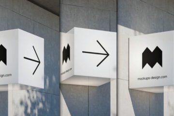 A three-panel image showcasing a white cube signboard attached to a textured gray wall, demonstrating a Cube Signboard Mockup.