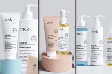 A three-panel image showcasing various cosmetic product packaging as a Cosmetic Branding Mockup PSD.