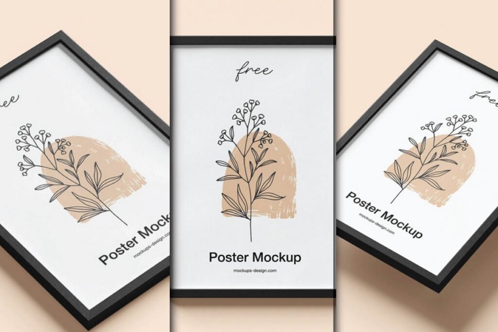 A three-panel image showcasing a black-framed poster with a minimalist floral design, presented as an A4 Frame Poster Mockup PSD.