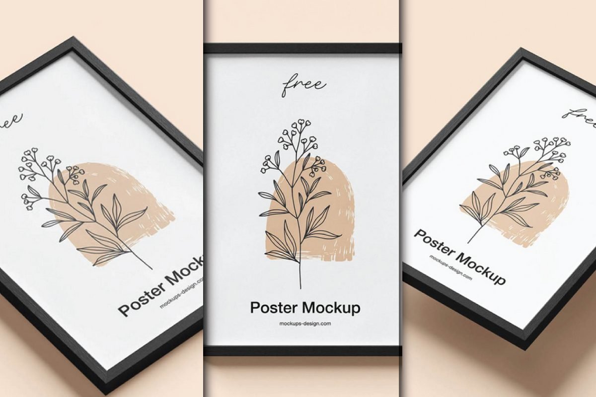 A three-panel image showcasing a black-framed poster with a minimalist floral design, presented as an A4 Frame Poster Mockup PSD.