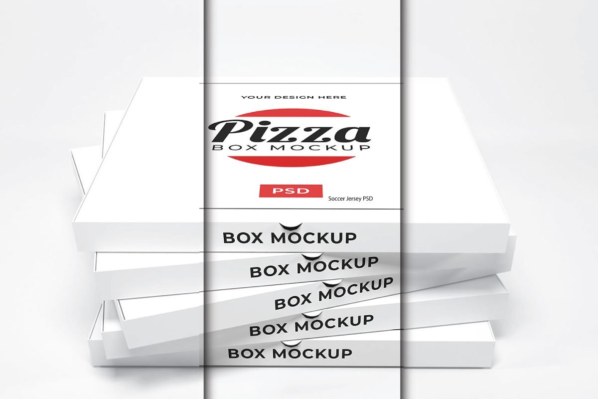 A stack of five white pizza boxes with "Pizza Box Mockup" text on the top box, serving as a Pizza Box Packaging Mockup.