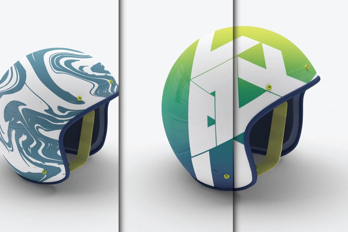 A split image showing two Motorcycle Helmet Mockups: one with a blue marble swirl pattern, and one with a green and blue geometric design.