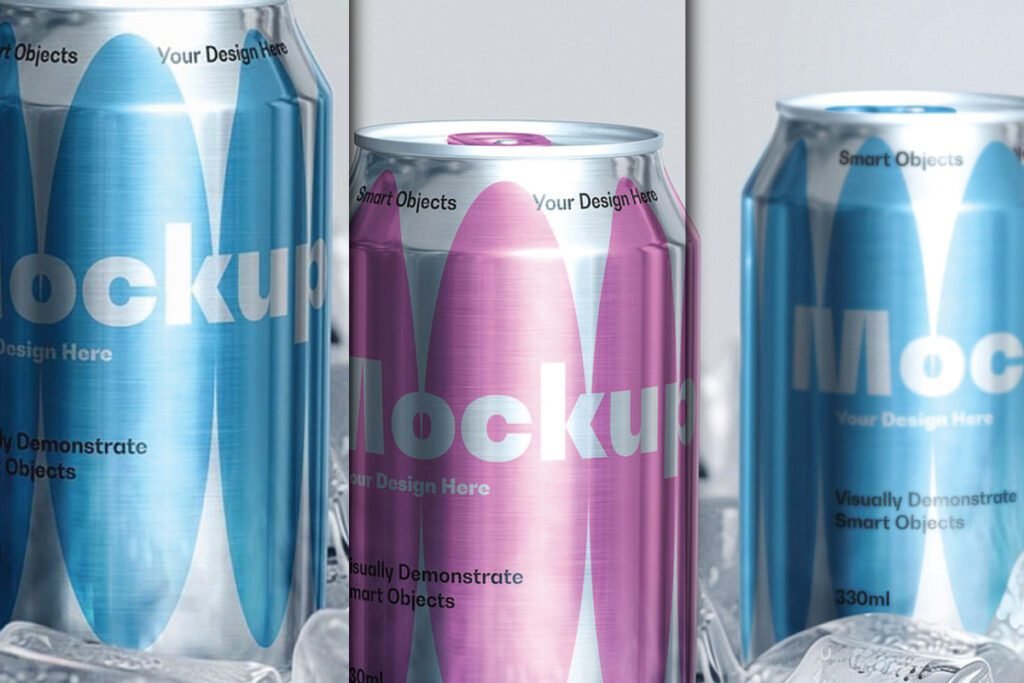 Three soda cans in an ice bed, two blue and one pink, with "Mockup" text, serving as a Soda Cans Mockup.