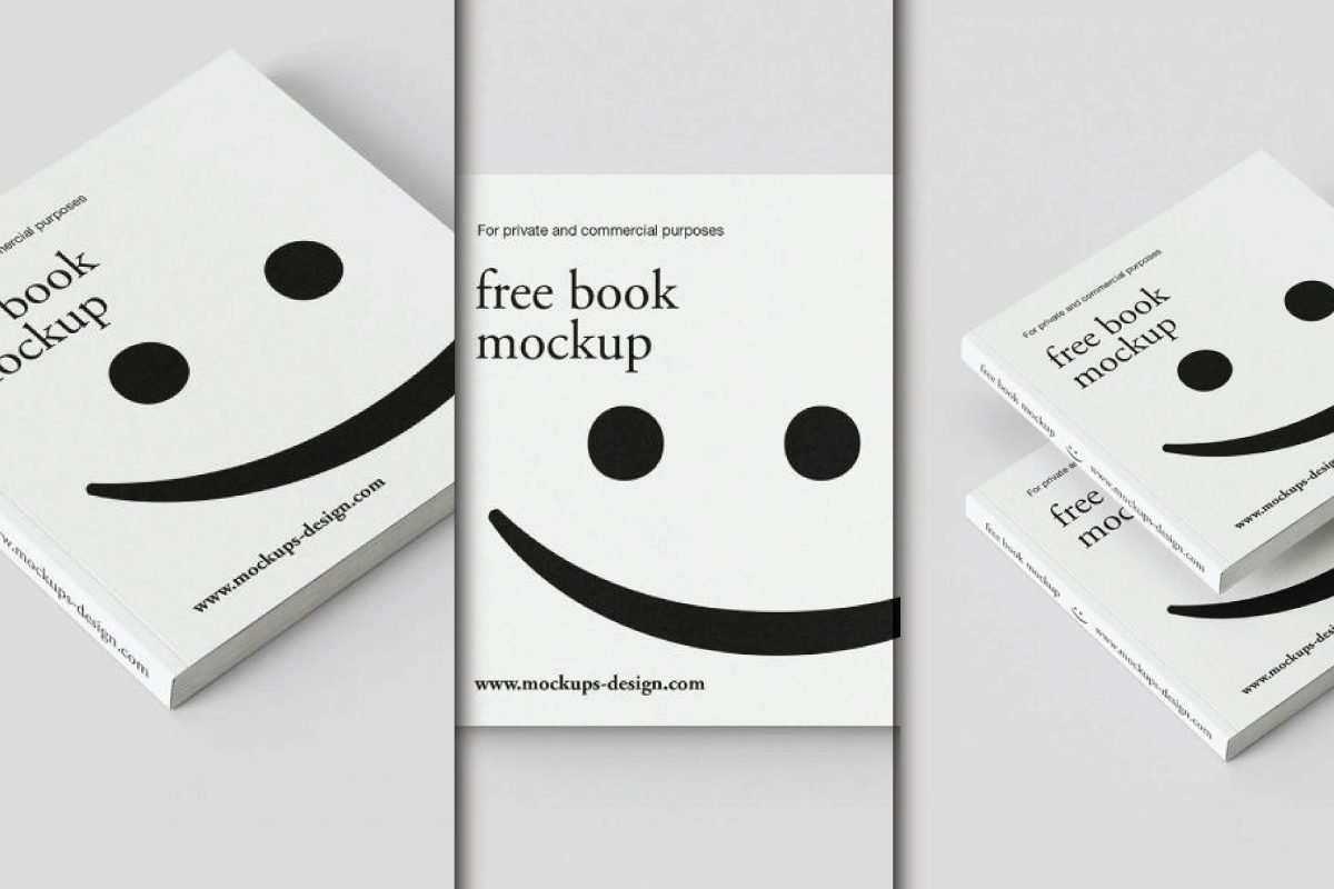 A set of square book mockups with a minimalist design featuring a smiley face.