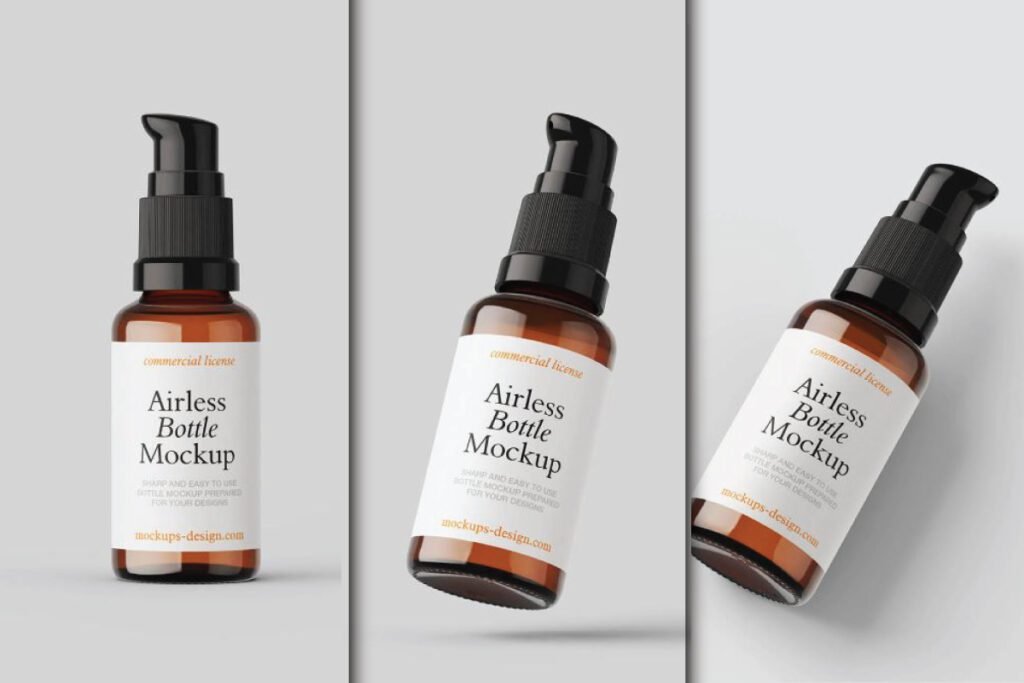 Three amber cosmetic bottles with black pump dispensers.