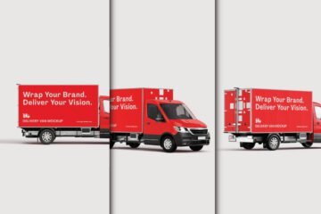 Three red delivery vans with "Wrap Your Brand. Deliver Your Vision." text on their side panels.