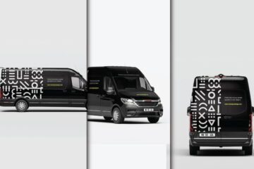 A black cargo van shown from side, front, and rear views, displaying a white geometric pattern as a mockup.