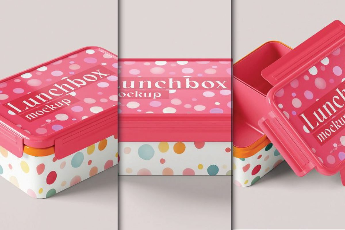 Three views of a pink and white polka dot tiffin lunch box mockup, one closed, one from the front, and one open.