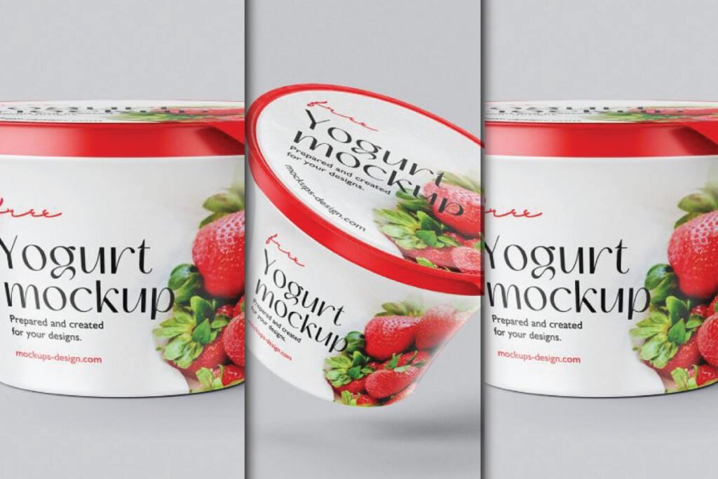 Three white yogurt mockups with red lids and strawberry graphics, one tilted to reveal the top.