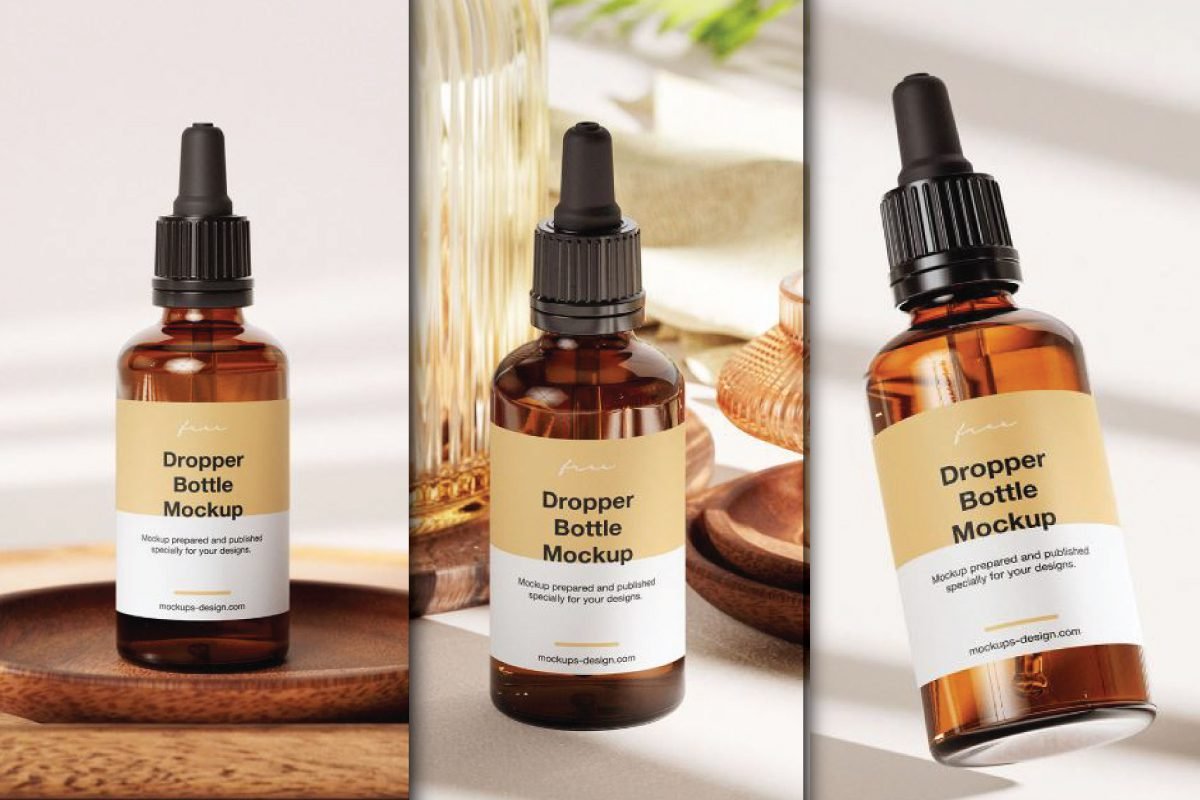 Three views of an essential bottle mockup, featuring an amber glass dropper bottle with a customizable label.
