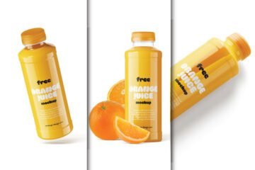 Three variations of an orange juice bottle mockup, showcasing a yellow bottle with a matching cap.