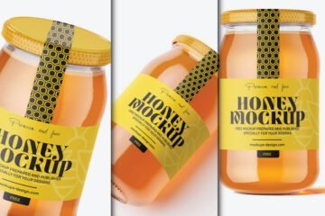 Three large honey jars with yellow labels and black and yellow honeycomb patterned seals, showcasing a "Large honey jar mockup PSD" from different angles against a white background.
