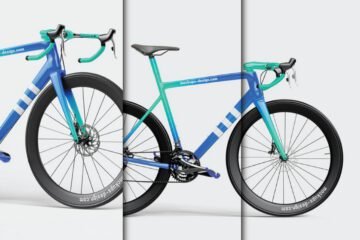 Three partial views of a blue and turquoise road bicycle with black wheels, part of a "bicycle mockup PSD."
