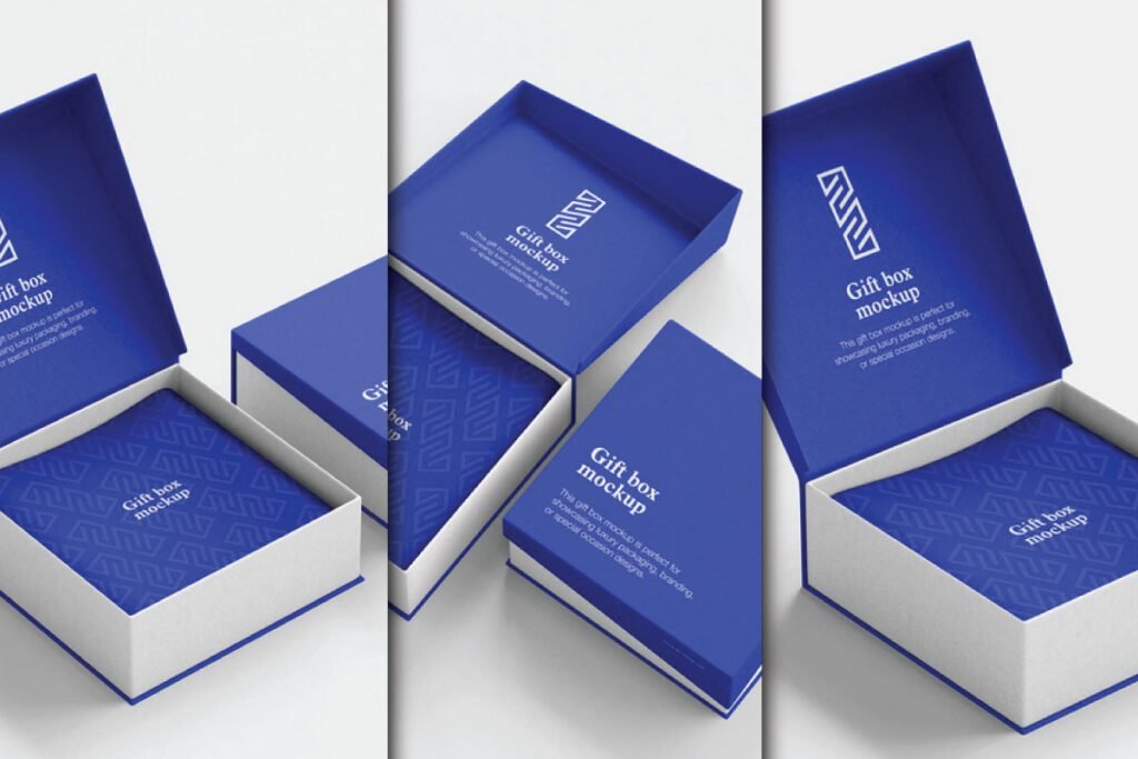 Three blue open gift boxes with white interiors, showcasing a "Jewelry Gift Box Mockup."