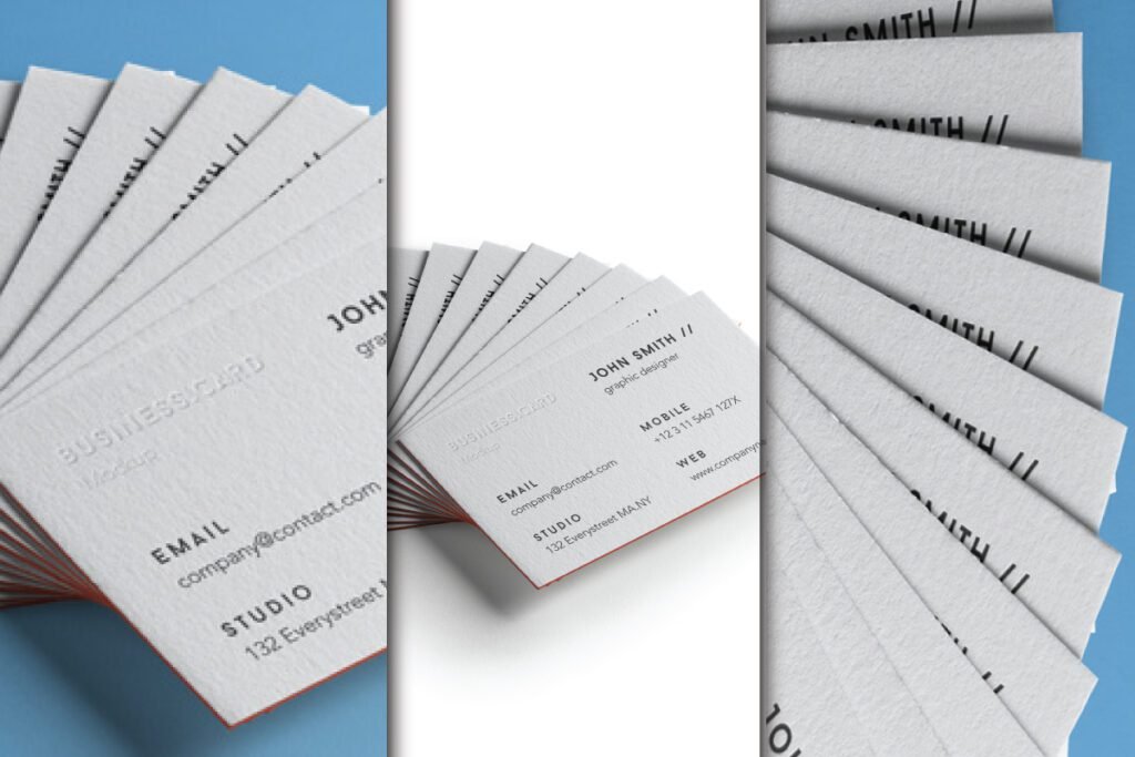 Three different views of a fan-arranged stack of white business cards with red edges, showcasing a "BUSINESS CARD" design and contact information, presented as a Single Side Business Card Mockup PSD.
