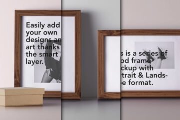 Two wooden frames, one large and one small, displaying mock-up text and images, demonstrating a Wood Frame Mockup PSD.