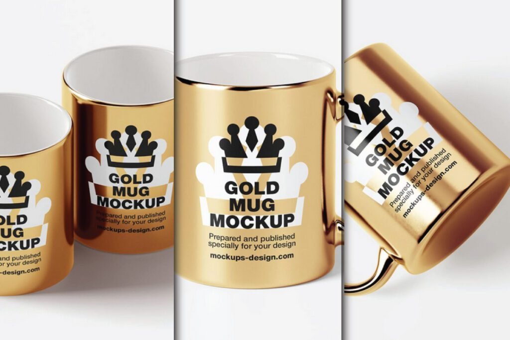 Three gold mugs with Gold Mug Mockup PSD branding, presented from various angles.