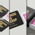 Multiple square rounded business cards in black, white, and pink, arranged as a Square Rounded Business Cards Mockup PSD.