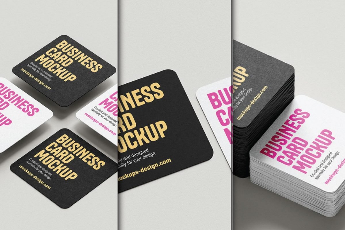 Multiple square rounded business cards in black, white, and pink, arranged as a Square Rounded Business Cards Mockup PSD.