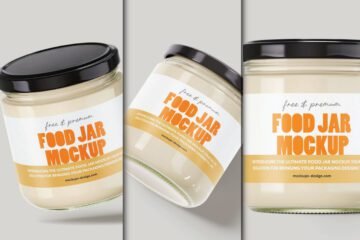 Three white and black lidded jars containing light-colored "Food Jar Mockup" labeled contents, suitable as a Superfood Powder Jar Mockup.