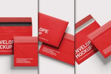 Multiple red envelopes with white patterned interiors and "ENVELOPE MOCKUP" text, presented from various angles as a 4 Angles View Envelope Mockup.