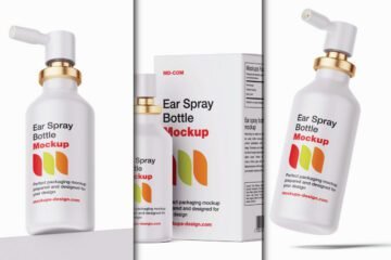 Three white spray bottles with gold accents and a white box, all labeled "Ear Spray Bottle Mockup," suitable as a Hair and Ear Spray Bottle Mockup PSD.