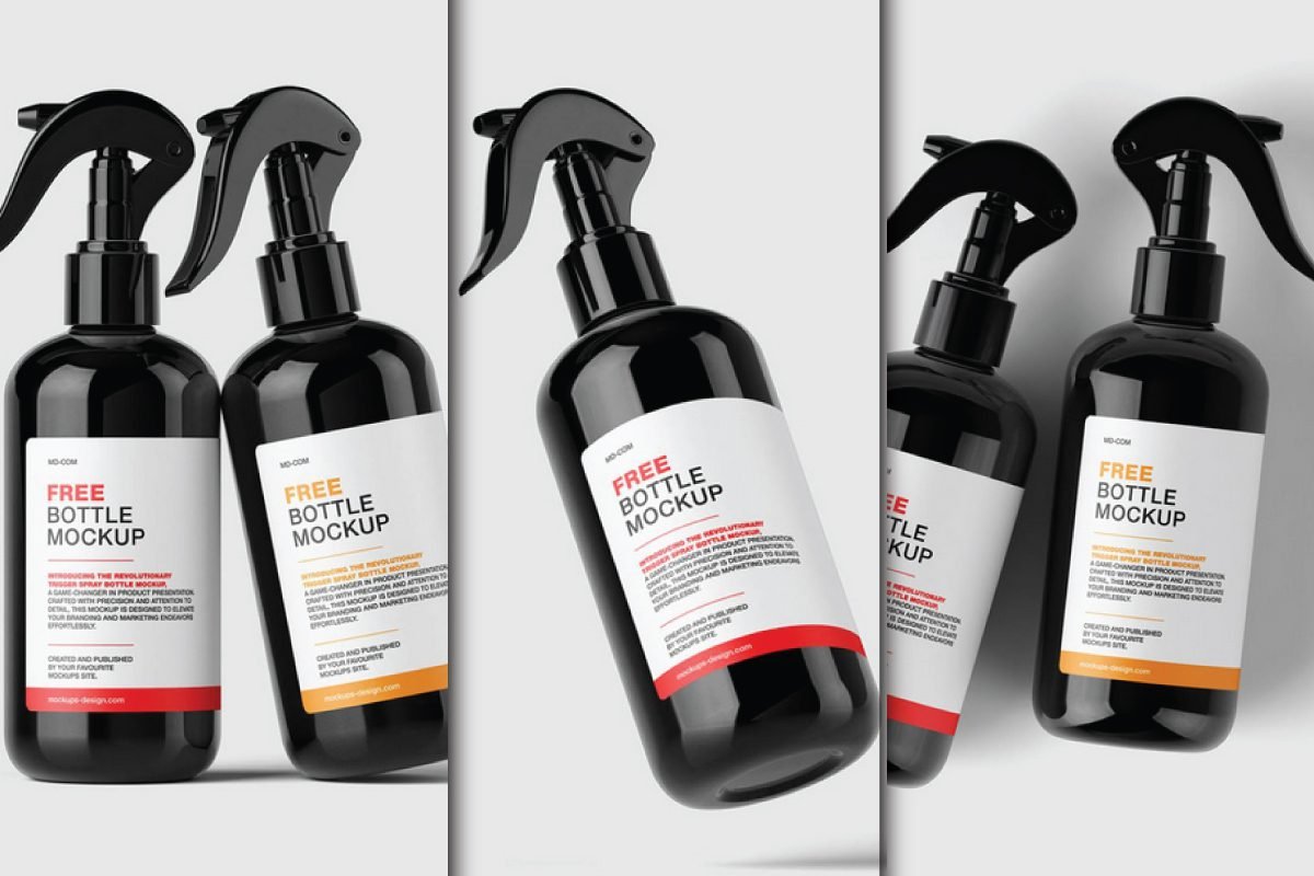 Multiple black trigger spray bottles with white and red/orange labels, showcasing a Trigger Hair Spray Bottle Mockup PSD.