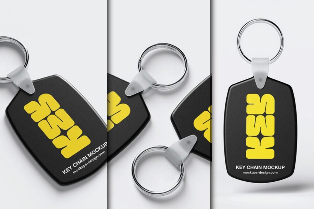 A black plastic key chain with rounded corners and yellow "KSS" text, showcasing a Plastic Key Chain with Rounded Corner Mockup PSD.