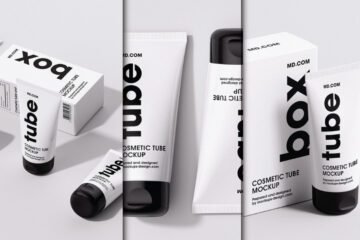 Multiple white cosmetic tubes and boxes with black accents, labeled Cosmetic Tube Mockup, showcasing a 6 Angles Cosmetic Tubes and Box Mockup PSD.