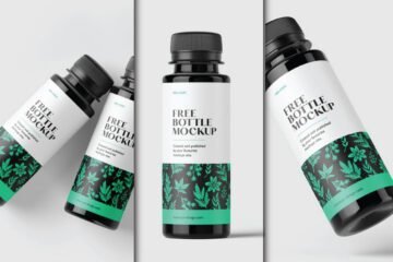 Three black Nigella Sativa oil bottles with white labels and green botanical designs are displayed, showcasing the Nigella Sativa Oil Bottle Mockup PSD.