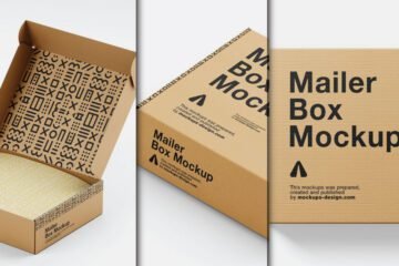 Three views of a brown cardboard mailer box, including an open box with an patterned interior, a close-up of the box corner, and a flat top view, all showcasing the Crafted Cardboard Box Mockup PSD.