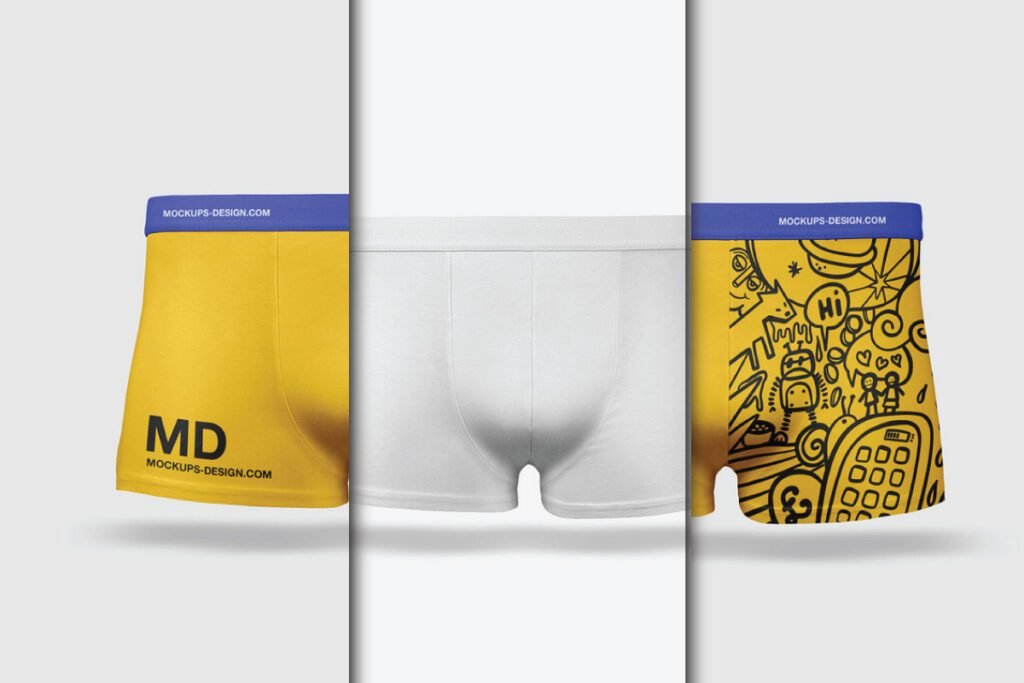 Three male underwear boxers, two yellow (one plain, one with doodles) and one white, are displayed against a light background, showcasing the Male Underwear Mockup PSD.
