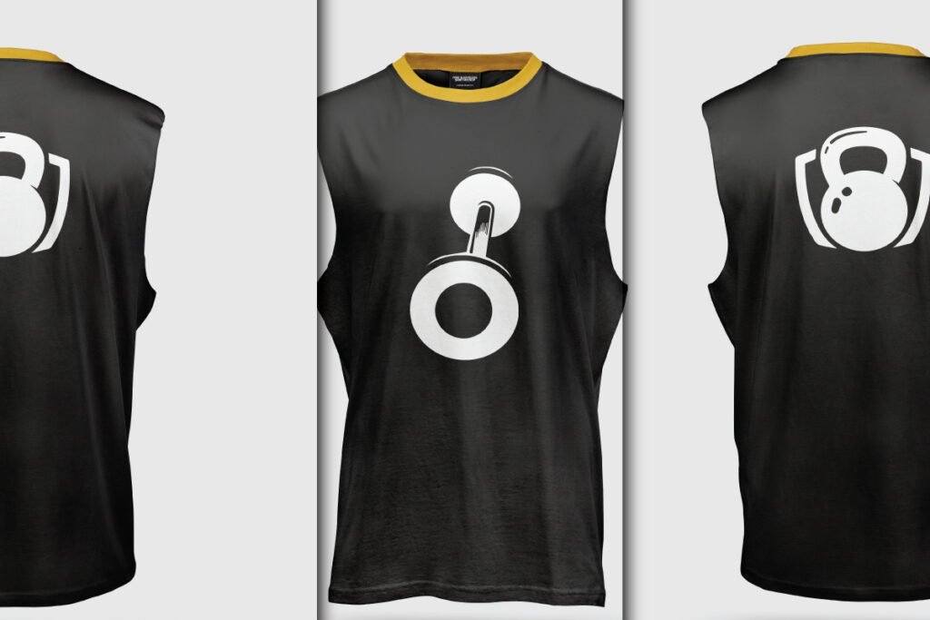 Three views of a black fitness tank top with a gold collar, featuring a white kettlebell logo on the back and a white dumbbell logo on the front, showcasing the Fitness Single Tank Top Mockup PSD.