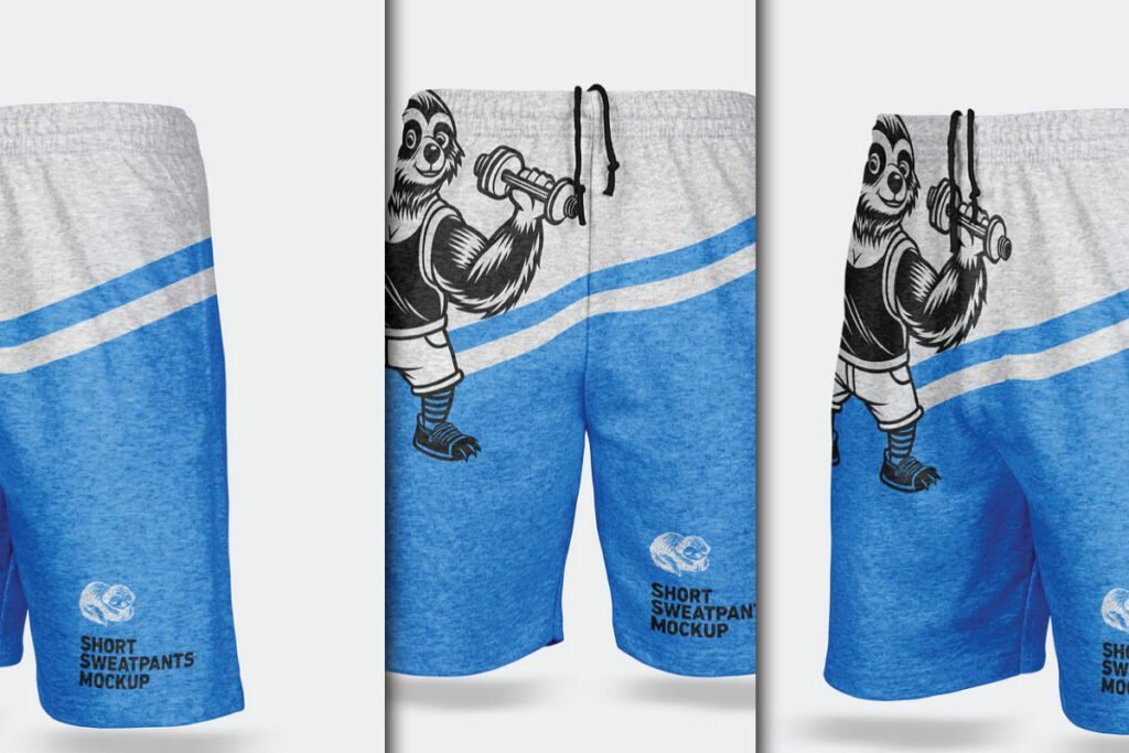 Three views of Teenage Short Sweatpants Mockup PSD, featuring a sloth lifting weights on light grey and blue color block shorts.