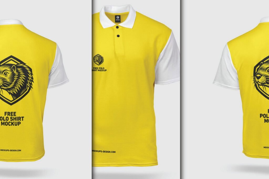 Three views of a yellow and white Youth Polo Shirt Mockup PSD. The front view features a small lion logo, while the back views show a larger lion head in a hexagonal frame.