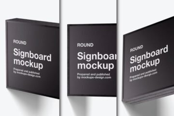 Three square black signboards with white text "ROUND Signboard mockup" are displayed at different angles on a white background, showcasing the Square White Wall 3D Sign Mockup PSD.