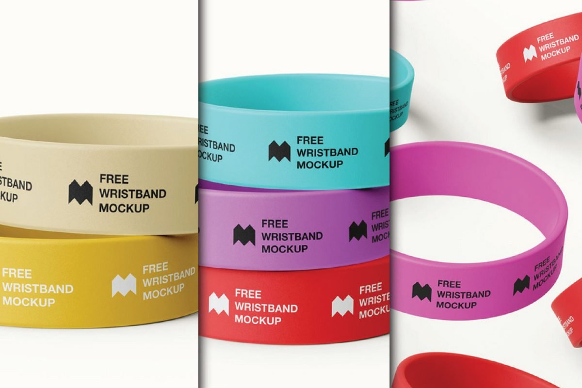 A variety of colorful silicone rubber wristbands in stacks and scattered, featuring beige, yellow, blue, purple, and red, showcasing the Silicone Rubber Wristband Mockup PSD.