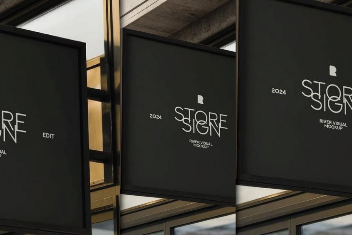 Black Square Facade Sign Mockup Multiple Views