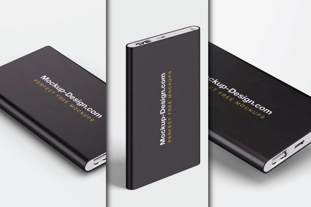 Three isolated views of a sleek, black portable charger mockup psd.