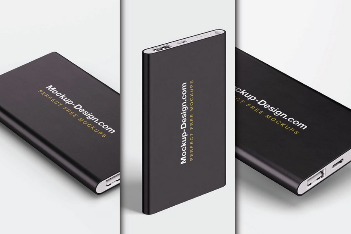 Three isolated views of a sleek, black portable charger mockup psd.